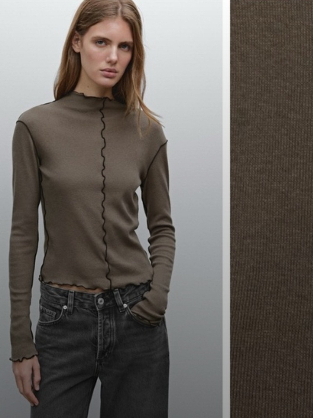 Rib-Knit Long Sleeve Tee in Olive Brown